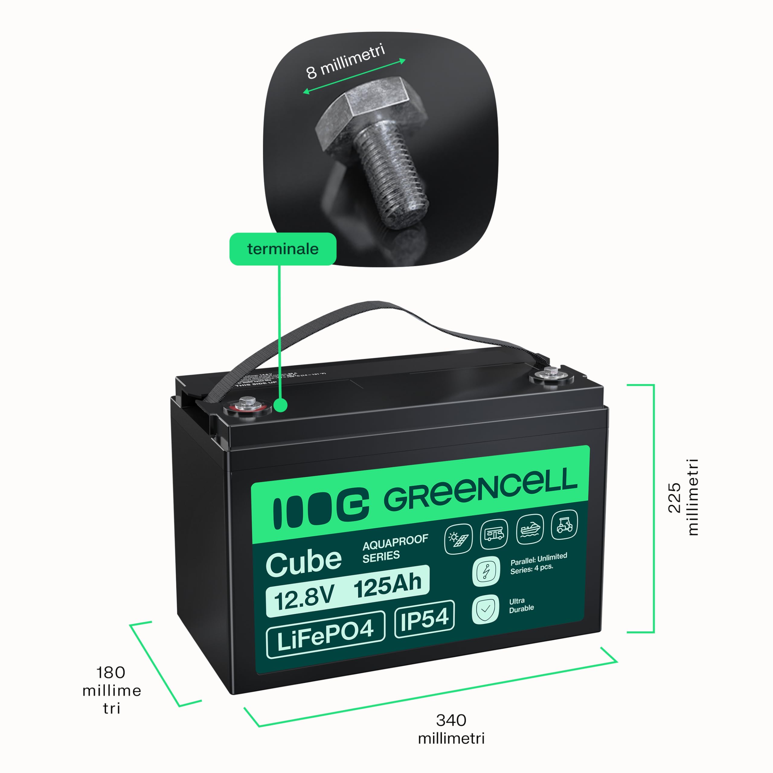 Green Cell Cube LiFePO4 Batteria 125Ah 12.8V - Batteria al litio di ferro fosfato per camper, barche, impianti solari, sistemi off-grid, con BMS, leggera e sicura