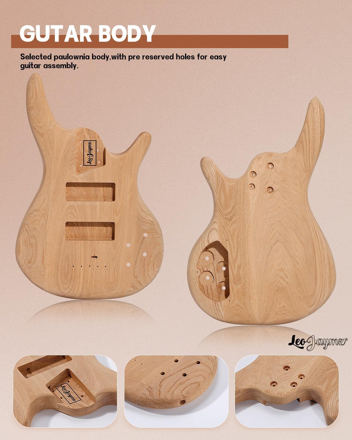 Front and back views of the roasted ash guitar body with pre-drilled cavities and close-ups of the screw holes.