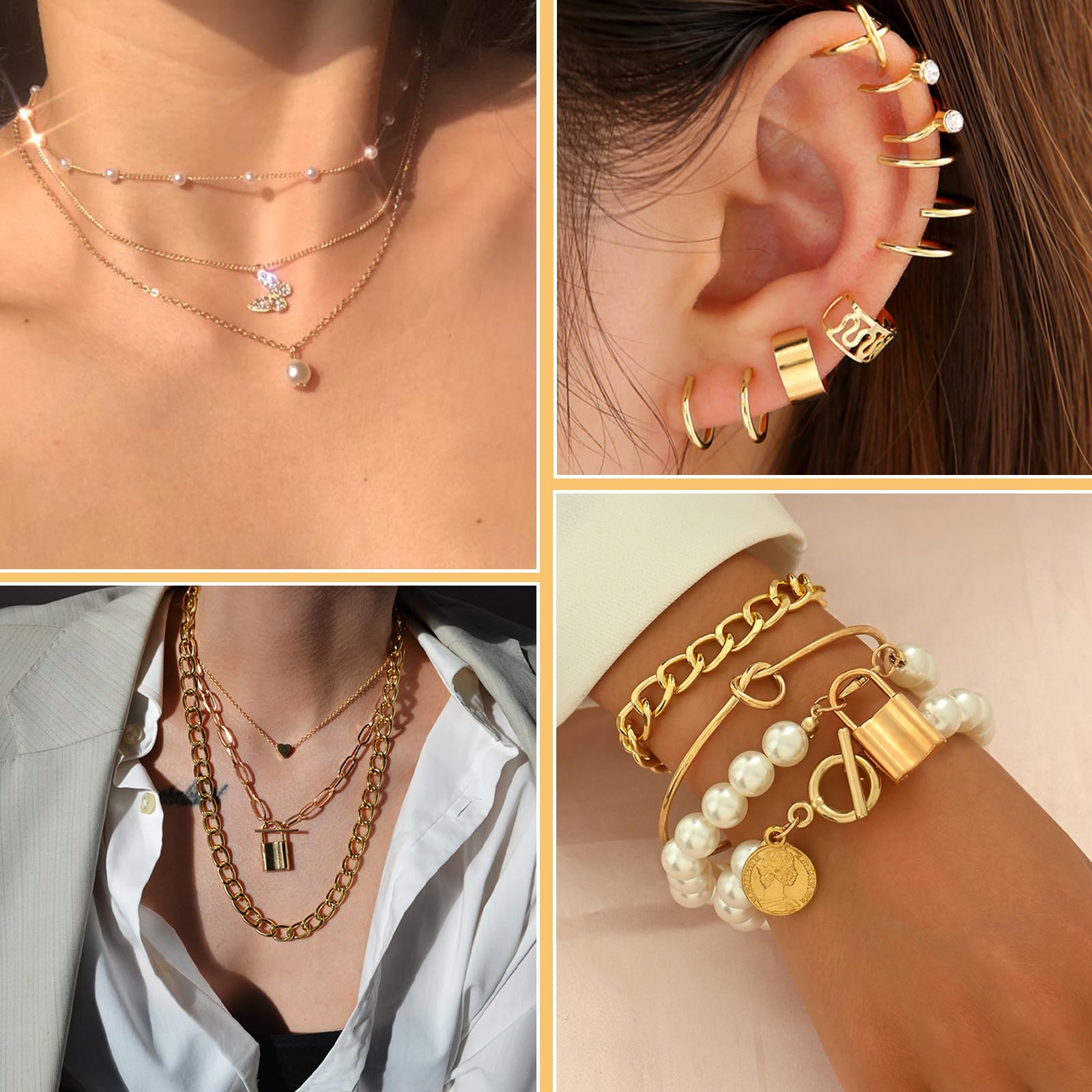 JSTHHTT 60 Pezzi Oro Parure Gioielli per Donna, Gioielli Oro Per Donne Ragazze, oOro Collana Dorata Set Bracciali e Bigiotteria, per Donne Ragazze Uso Quotidiano e Occasioni Festive Gioielli