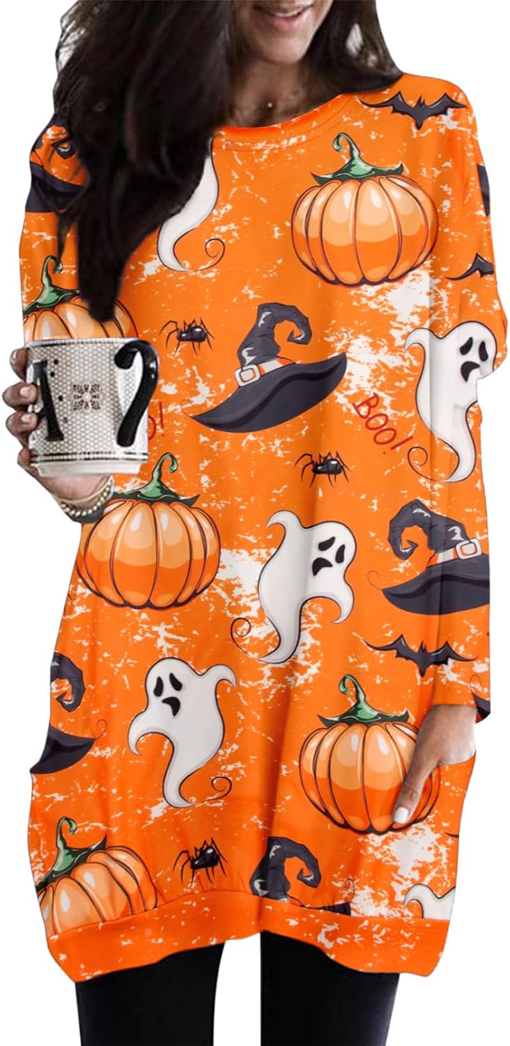 JINTING Women Halloween Sweatshirt Pumpkin Cat Long Sleeve Funny Doddle Graphic Printed Pullover Dress Fall Shirt Tops