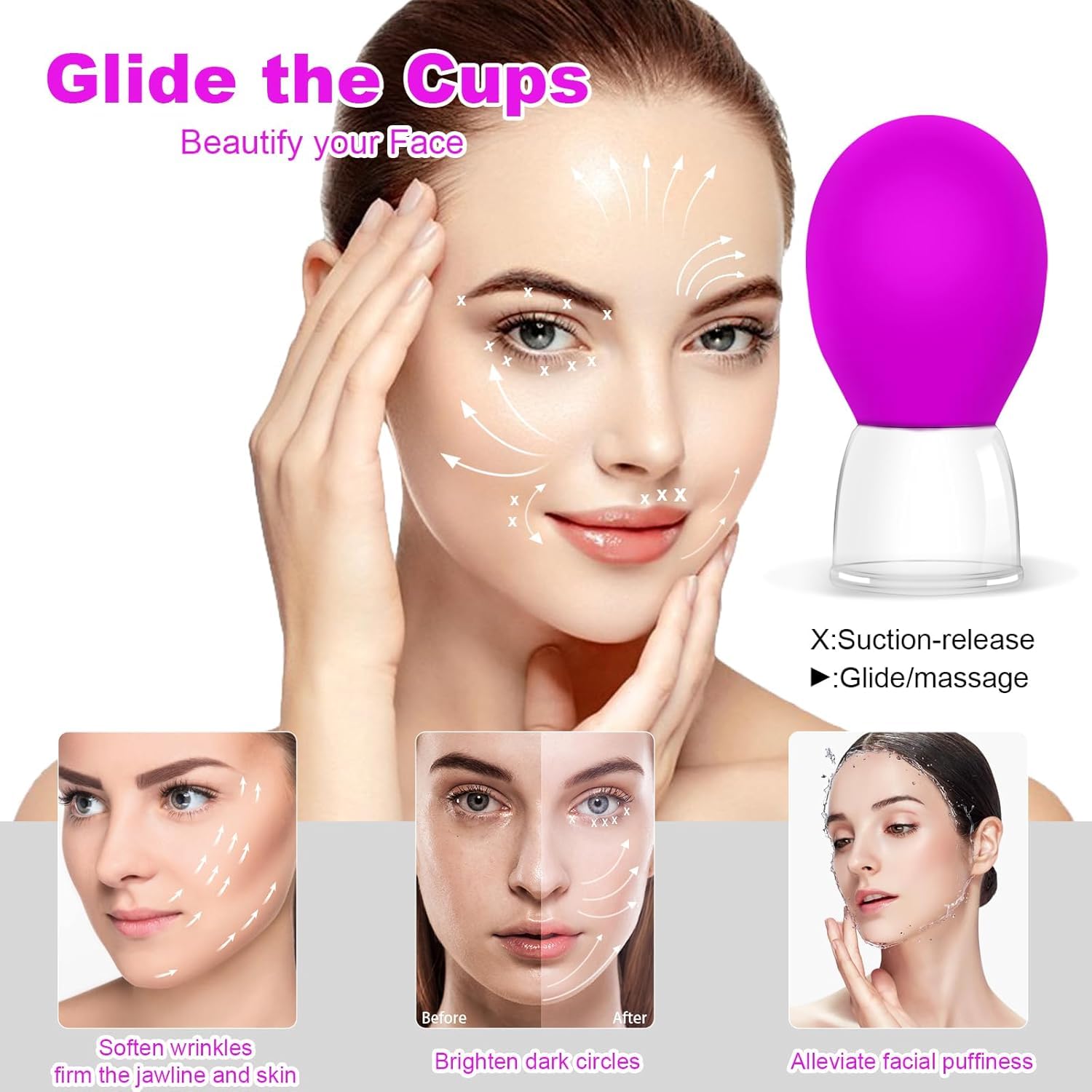 Orbica Sport Glass Facial Cupping Professional Massager Set- 4Pcs Silicone Vacuum Suction Face Massage Cups Anti Cellulite Lymphatic Therapy Sets For Eyes,Face And Body (Pack Of 4) 3