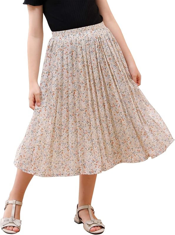 GORLYA Girls Chiffon Pleated Midi Skirt 4-14Y