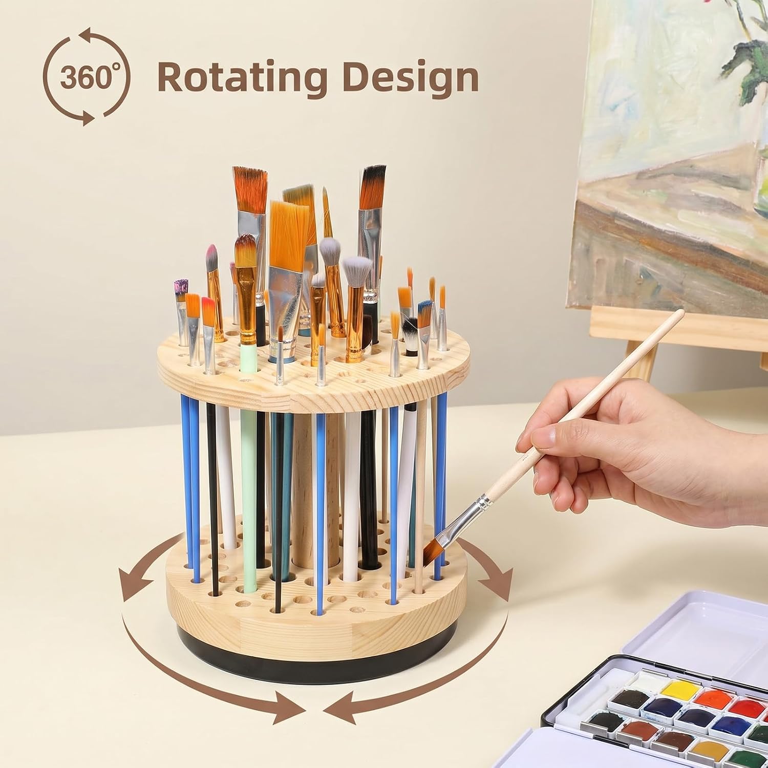 52 Holes 360° Rotating Hardwood Paint Brush Holder, Space-Saving Brush Organizer, Watercolor Brushes Holder Rotating Art Supply Organizer for Artists Brushes, Crafts Tools, Makeup Brushs
