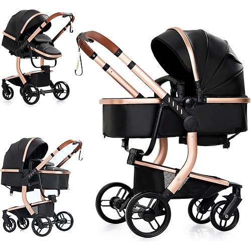 PU Leather 2 in 1 Baby Stroller Reversible Portable Standard Baby Stroller Convertible Pushchair Infant Buggy Baby Carriage Foldable High Landscape Pram Toddler Newborn (2US518-Black)