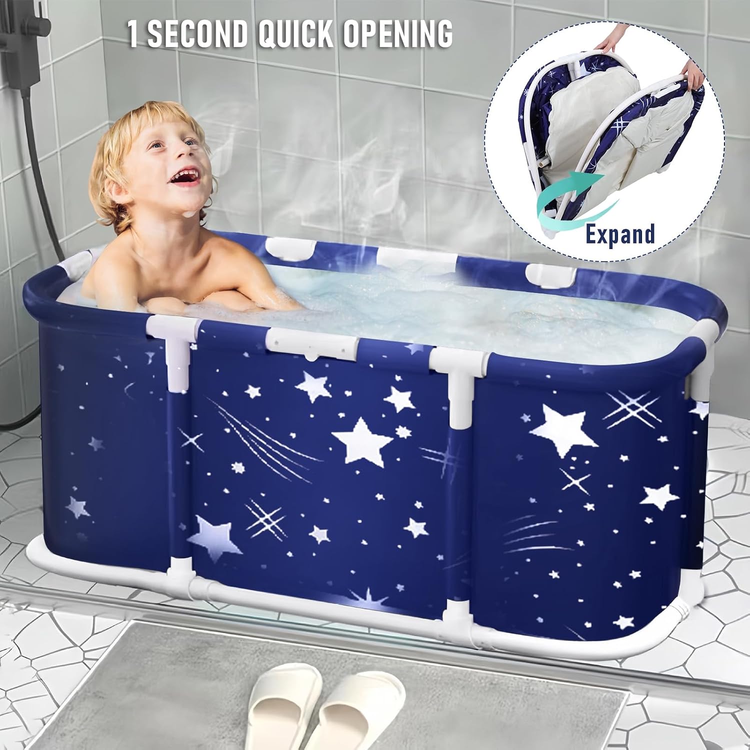 Portable Bathtub for Adults,Family SPA Foldable Tub with Sturdy Frame, 43.3 Inch Soaking Standing Collapsible Bathtub for Shower Stall,Non-Inflatable, Ideal for Hot & ice bath