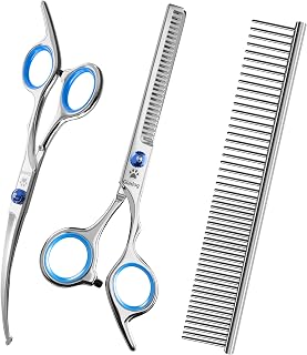 3 in 1 Dog Grooming Scissors Kit, Blue Titanium Coated Pet Scissors for Dogs & Cats, Curved Thinning Shears with Comb, Safety Round Tips, Ergonomic Handle