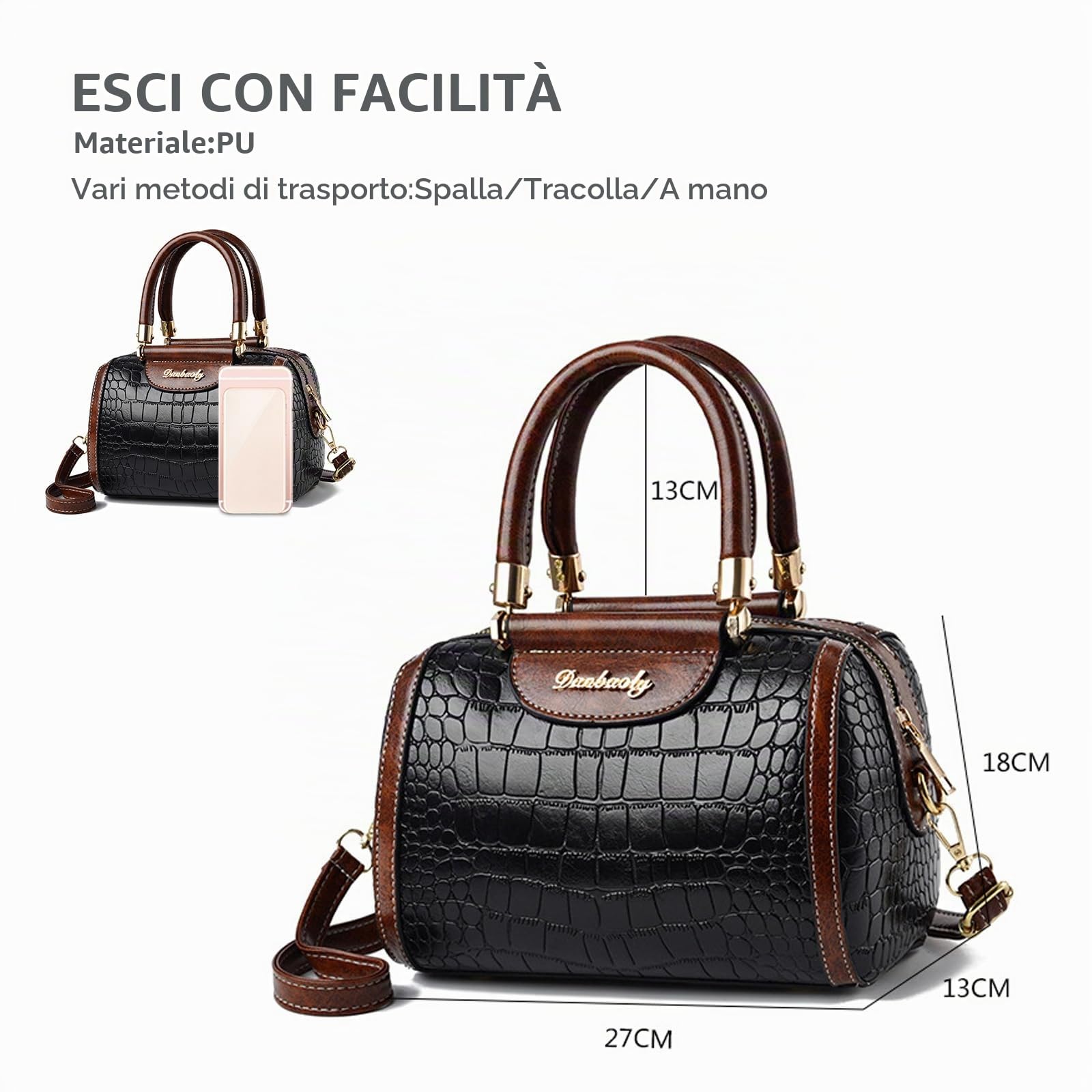 NICOLE & DORIS Borsa Donna Tracolla Moda a Mano Coccodrillo di Spalla Pelle PU Satchel Borsette Pochette Elegante a Bauletto Crossbody Nero