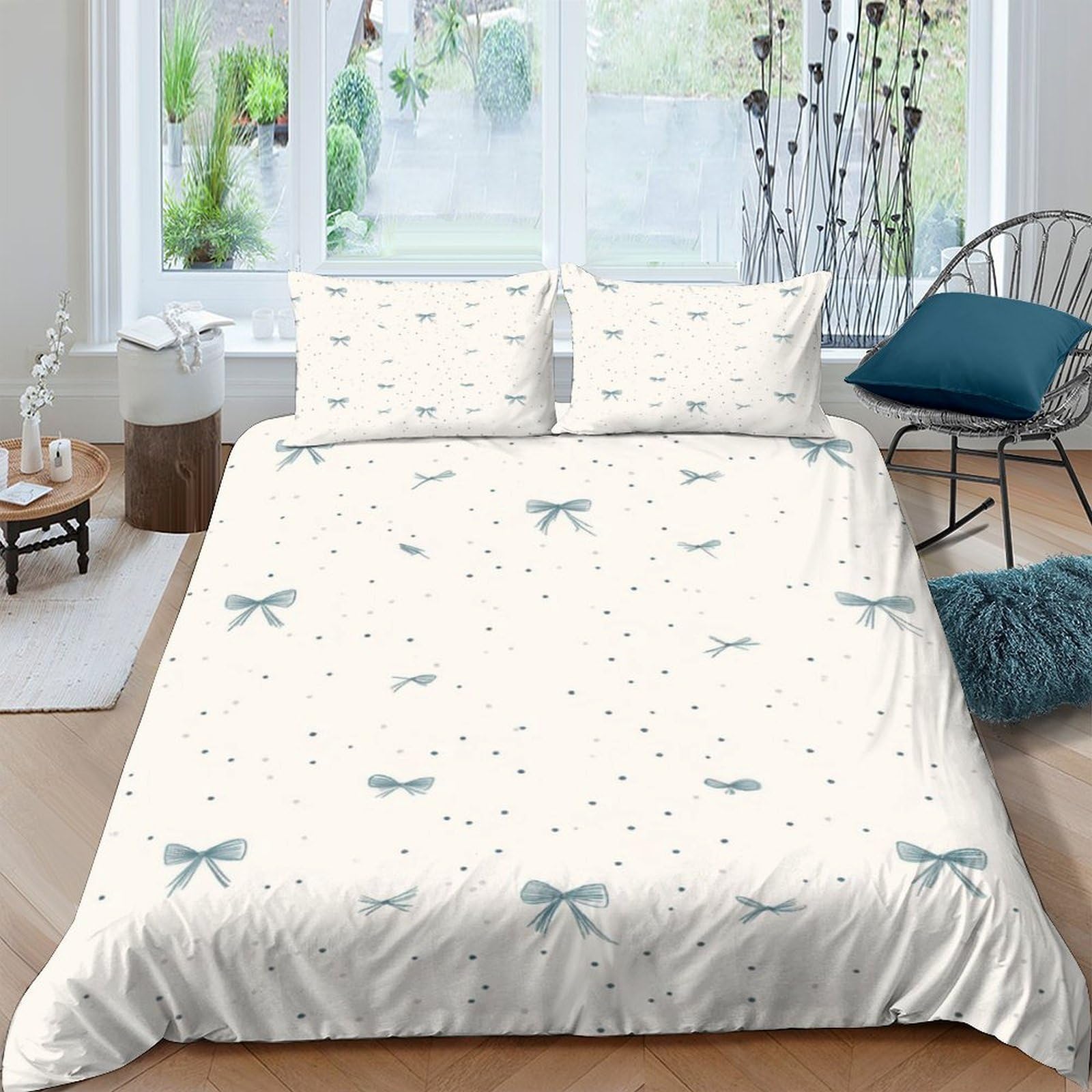 GPLZQXKJNH 3D Printed Blue Bow Pattern Duvet Cover Microfiber Soft Breathable Polka Dot Bedding Set with 2 Pillowcases for Bedroom Decor Single（135x200cm）
