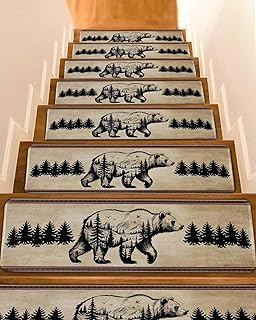 Stair Treads for Wooden Steps,Retro Pine Tree Bear Silhouette Non Slip Stair Carpet Indoor Stair Runner Staircase Step Treads,Black Animal Vintage Back Stair Mat 8x30in 15 Pcs