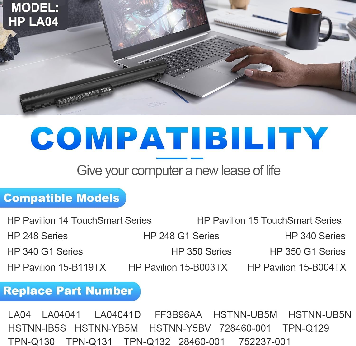 BLESYS 728460-001 LA04 Batteria per HP Pavilion 15-N 350 G2 350 G1 Series 728461-001 HSTNN-UB5M HSTNN-YB5M TPN-Q130 TPN-Q132 Laptop 14.8V/2200mAh [Argento