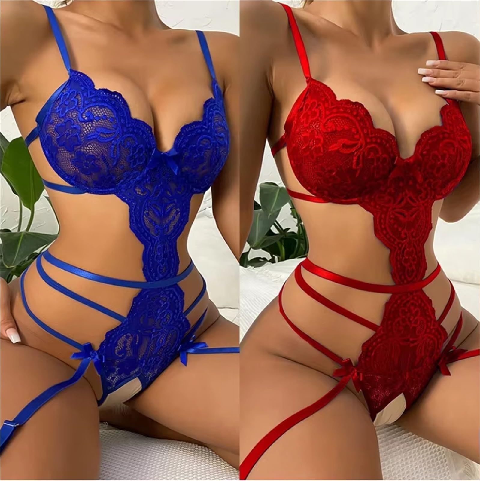 Mutande Bikini Slip Lingerie Sexy Ultra Hot for Le Donne: Seducente Set di Reggiseni Aperti in Pizzo, Seducente Biancheria Intima Trasparente con Volant e Body provocanti(Red,S)