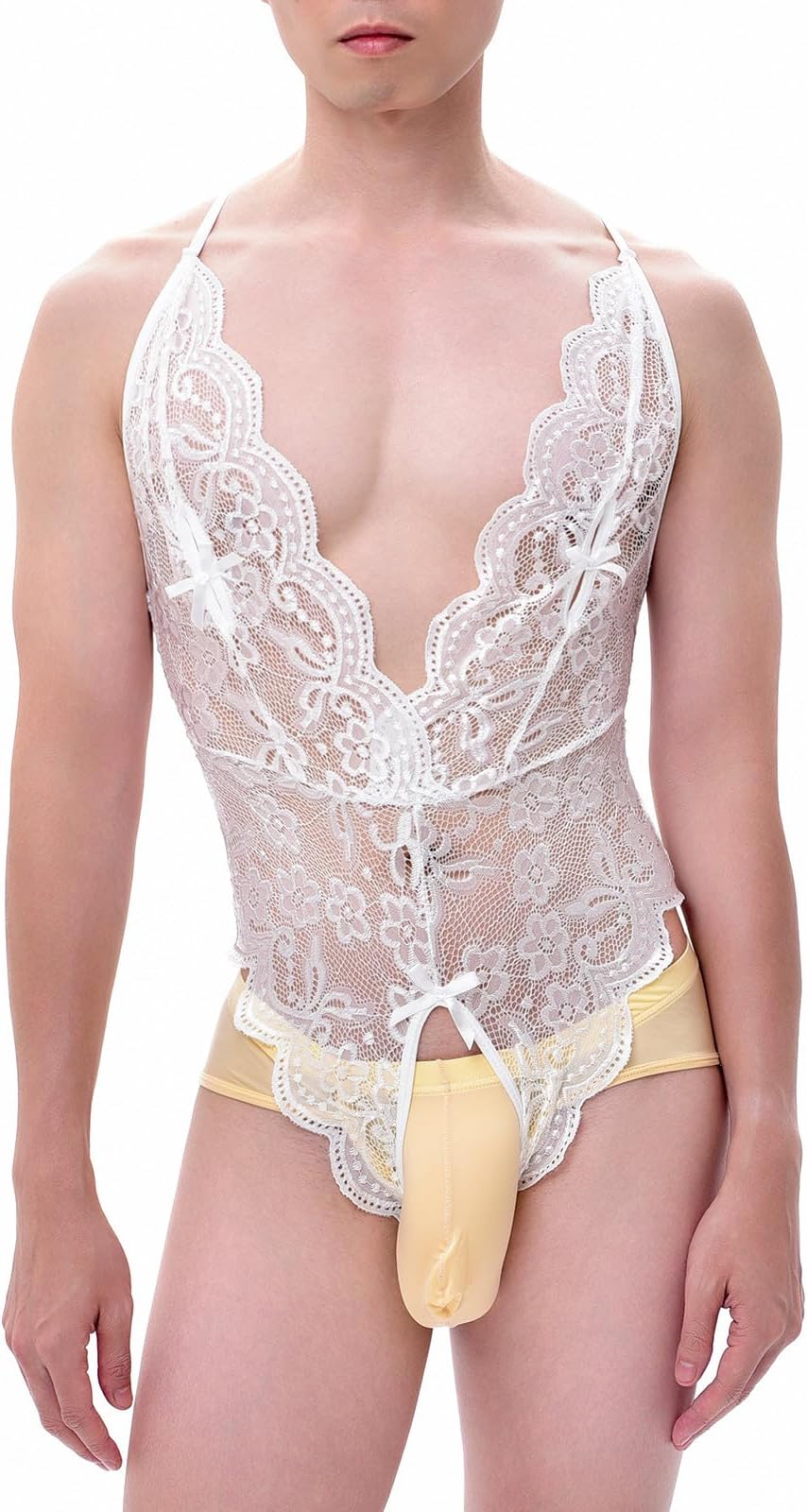 Transparent Lace Bodysuit Hip Lift Corset Mesh for Men Strap Seductive Patterned Romper Men's Underwear Polyester