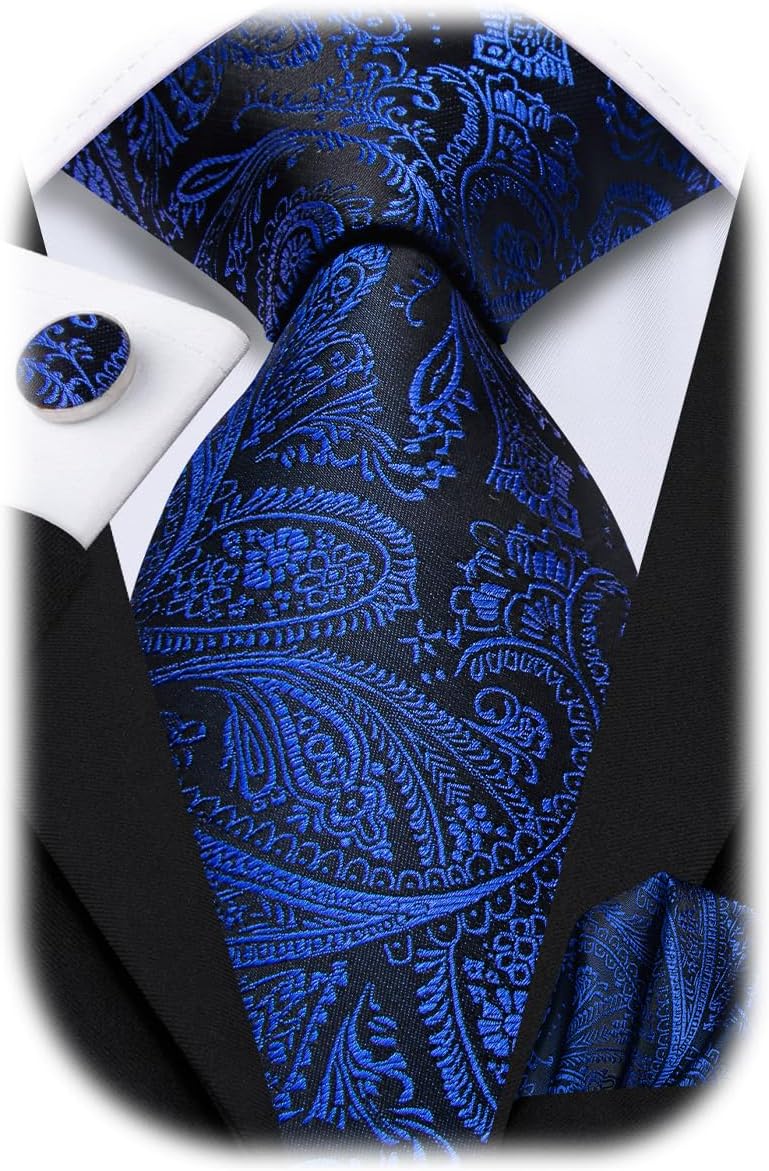 Hi-Tie Paisley Floral Ties Set for Men Silk Mens Stripes Necktie Pocket Square Cufflinks Set Formal Business