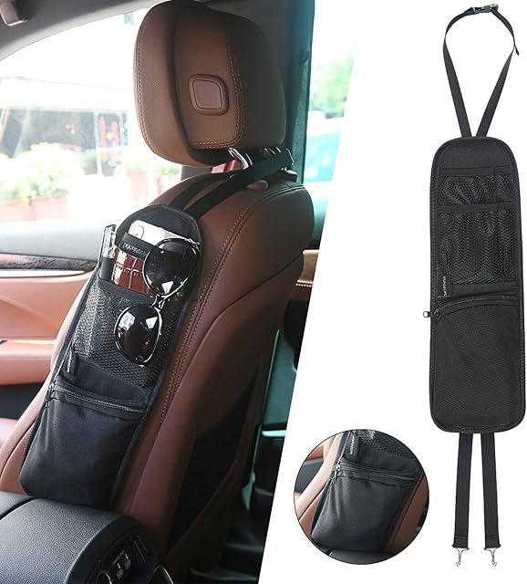 URAQT Upgrade Section Car Seat Side Storage Bag, Car Seat Storage Hanging Bag with 3 Pockets, Car Seat Organiser, Multi-Pocket Drink Holder, Suitable for Cars, Trucks, SUV, Gaming Chairs, Etc (Black