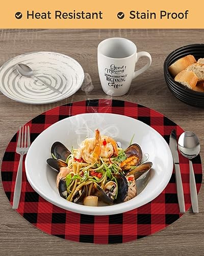 Miniatura 4 de Juego de 4 manteles individuales redondos de 15 pulgadas, color negro y rojo, a cuadros, trenzados, manteles individuales trenzados, resistentes al