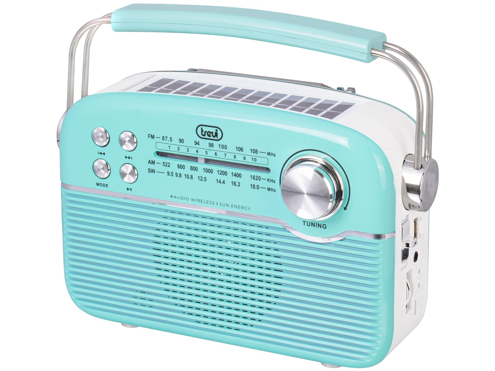 Trevi RA 7F50 BT Radio Portatile Wireless Multibanda FM AM SW con Lettore MP3, USB, Micro SD, Batteria al Litio Ricaricabile e Pannello Solare USB Type-C, Verde