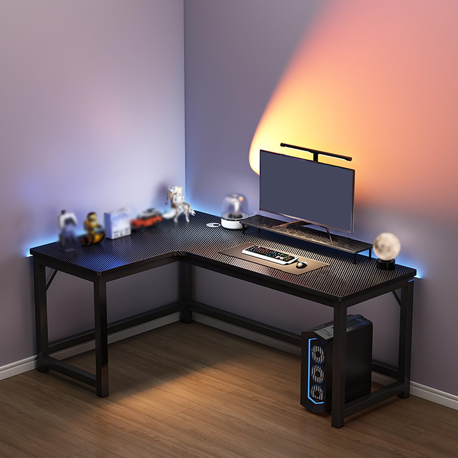 L-Shaped Gaming Desk, Corner Desk Computer Workstation, Carbon Fiber Finish, Cable Management, 100Kg Weight Capacity, Corner Computer Gaming Desk 140 * 100cm