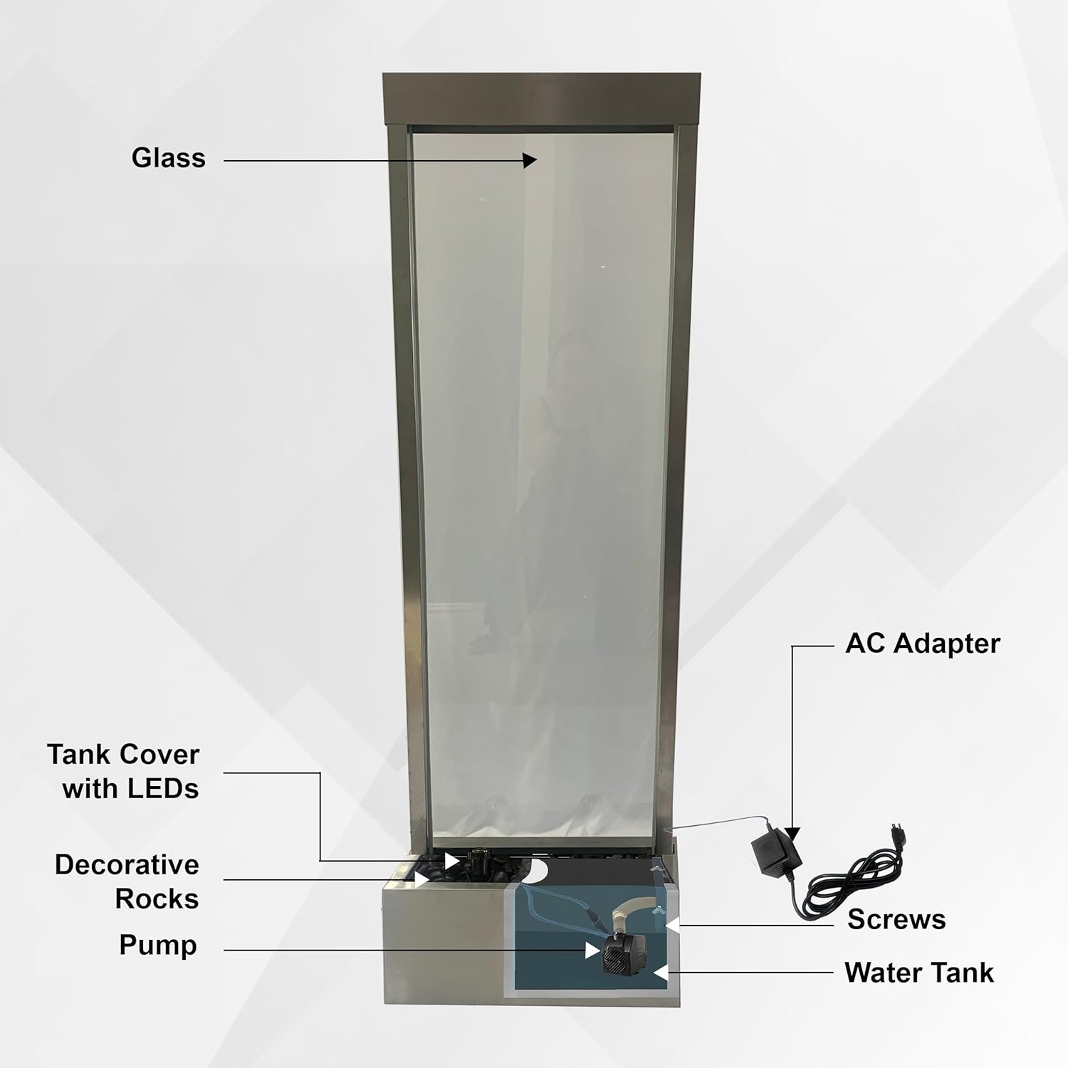 XBrand 68 in. H Freestanding Modern Indoor/Outdoor Waterfall Fountain with Decorative Rocks, LED Lights and Auto Shut-Off Pump, Stainless Steel and Clear Glass, Silver