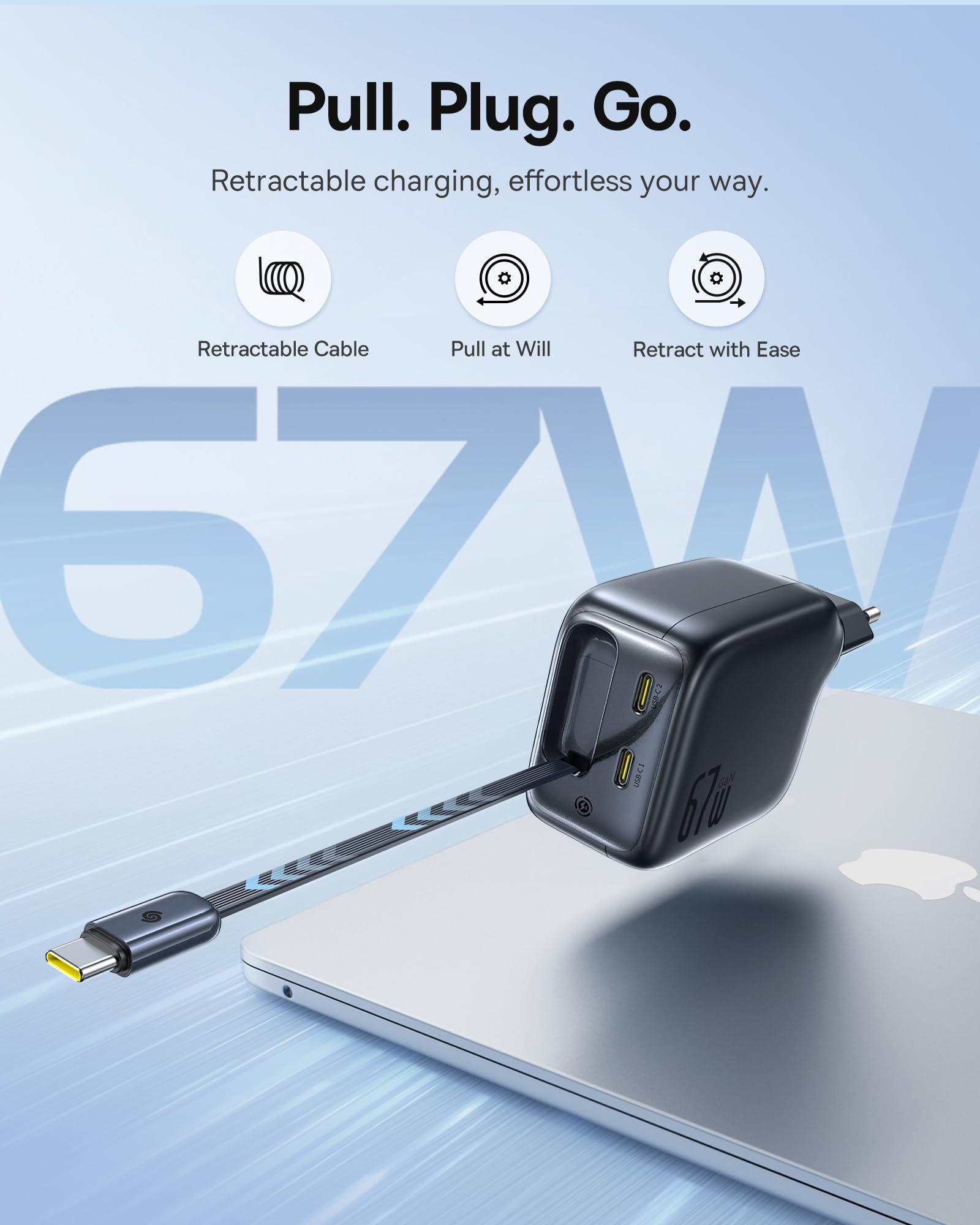 Baseus Enercore Ładowarka USB-C 67W z Wysuwanym Kablem, Zasilacz GaN z 2 Portami USB-C, Kompaktowa Szybka Ładowarka Zgodna z MacBook Pro, Dell, HP, iPad, iPhone 16 Pro, Galaxy S25
