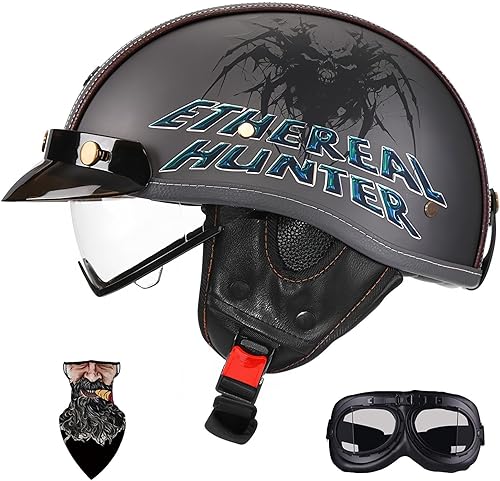 Casco Moto Retro Jet Vintage Medio para Hombre y Mujer, Forro Desmontable Transpirable con Visera Retráctil y Doble Escape, DOT Homologado, Ideal