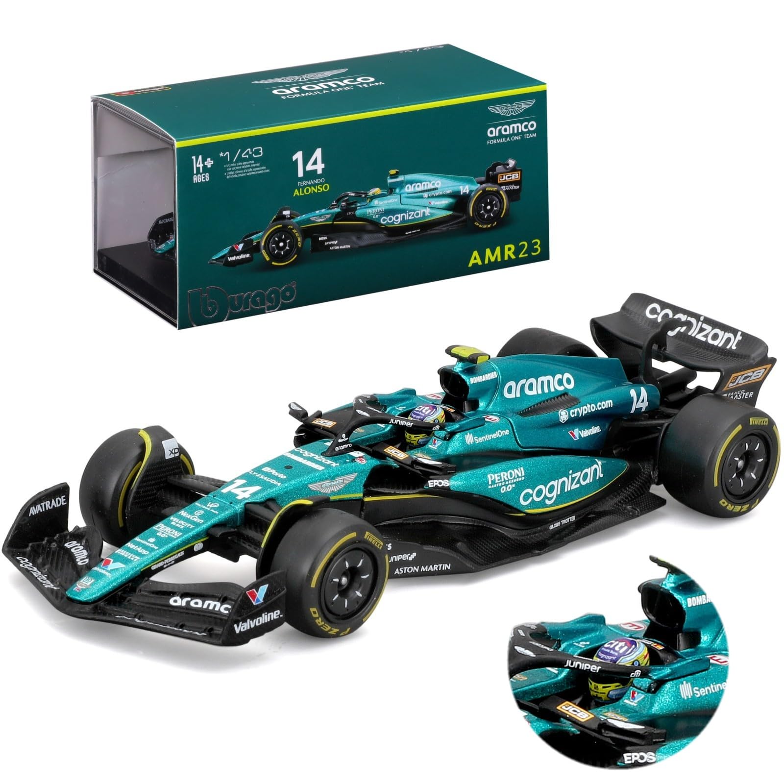 HTLNUZD 2023 Bburago New 1:43 F1 AMR23#14 Alonso Alloy Car Model Formula Racing for DieCast 1/43 Aston Martin #14 Acrylic Packaging Version Static Adult Collection Gift