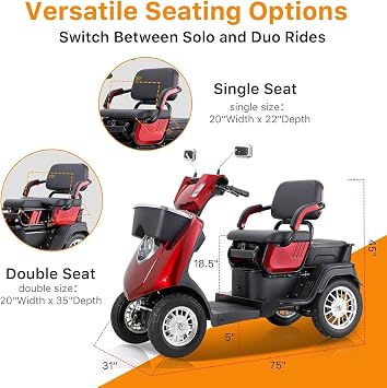 Luxurious Dual-Seater Mobility Scooters with 3-Speed Control, 500lbs Weight Capacit, Covering a Range of 36 Miles at 15 MPH Ideal for Adults and Seniors, Red