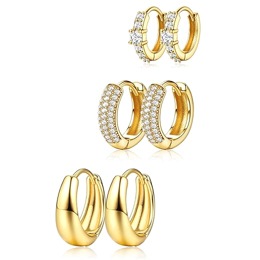 LOLIAS Small 14K Gold Plated Chunky Hoop Earrings for Women Hypoallergenic Silver Earrings Set for Sensitive Ears Non Tarnish Huggie Hoops Earring Stacks for Multiple Piercing Jewelry Lightweight 3Pairs