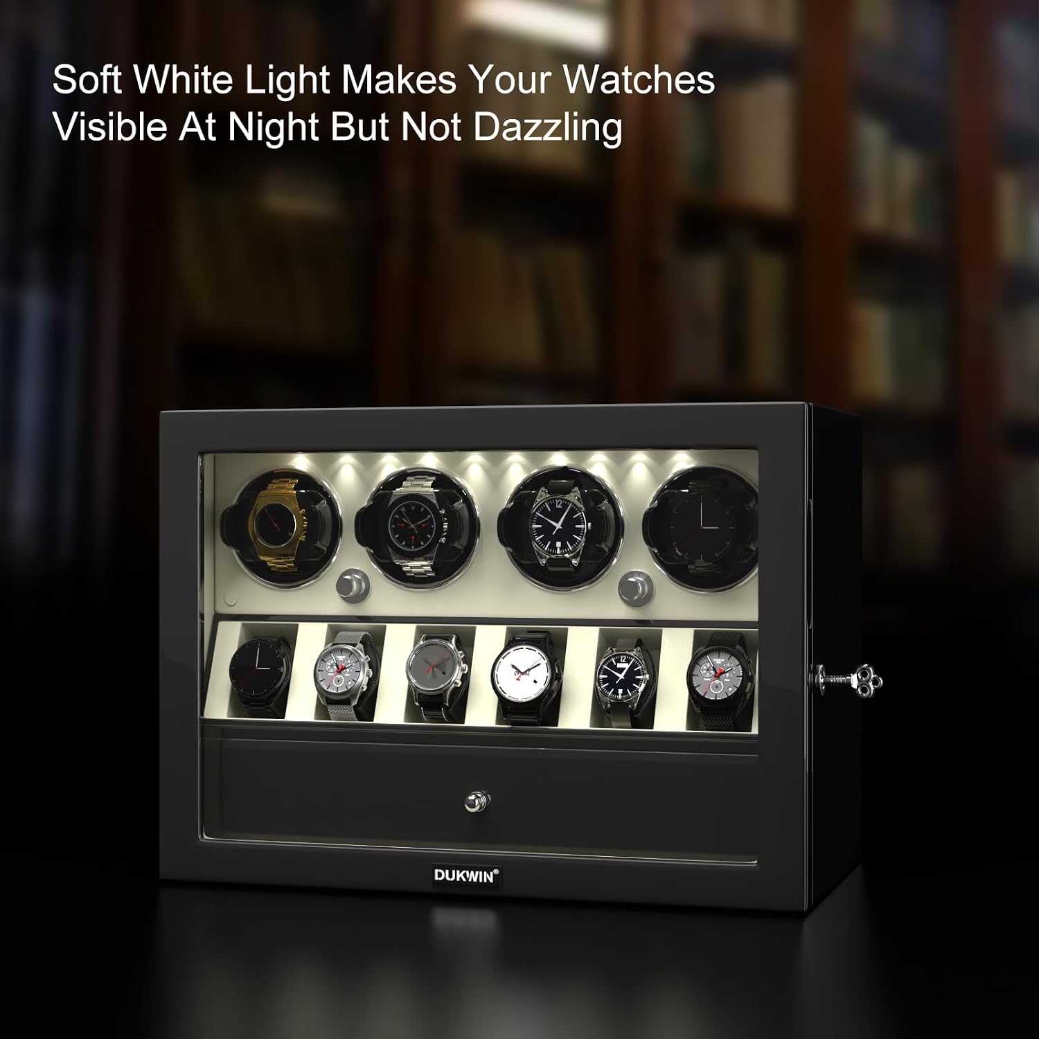 DUKWIN Watch Winder for Automatic Watches, White Lockable Watch Winders with Extra Watch Storage, Jewelry Storage, 4 Rotation Modes, LED Light, Super Quiet Mabuchi Motor and Spring Watch Pillows
