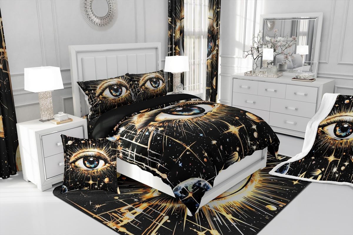 Feelyou Galaxy Evil Eye Comforter Set,Sun Moon and Star Print Bedding Set Queen Size,Boys Girls Bedroom Room Decor,Boho Eye Comforter,Soft Bed Set for All Season