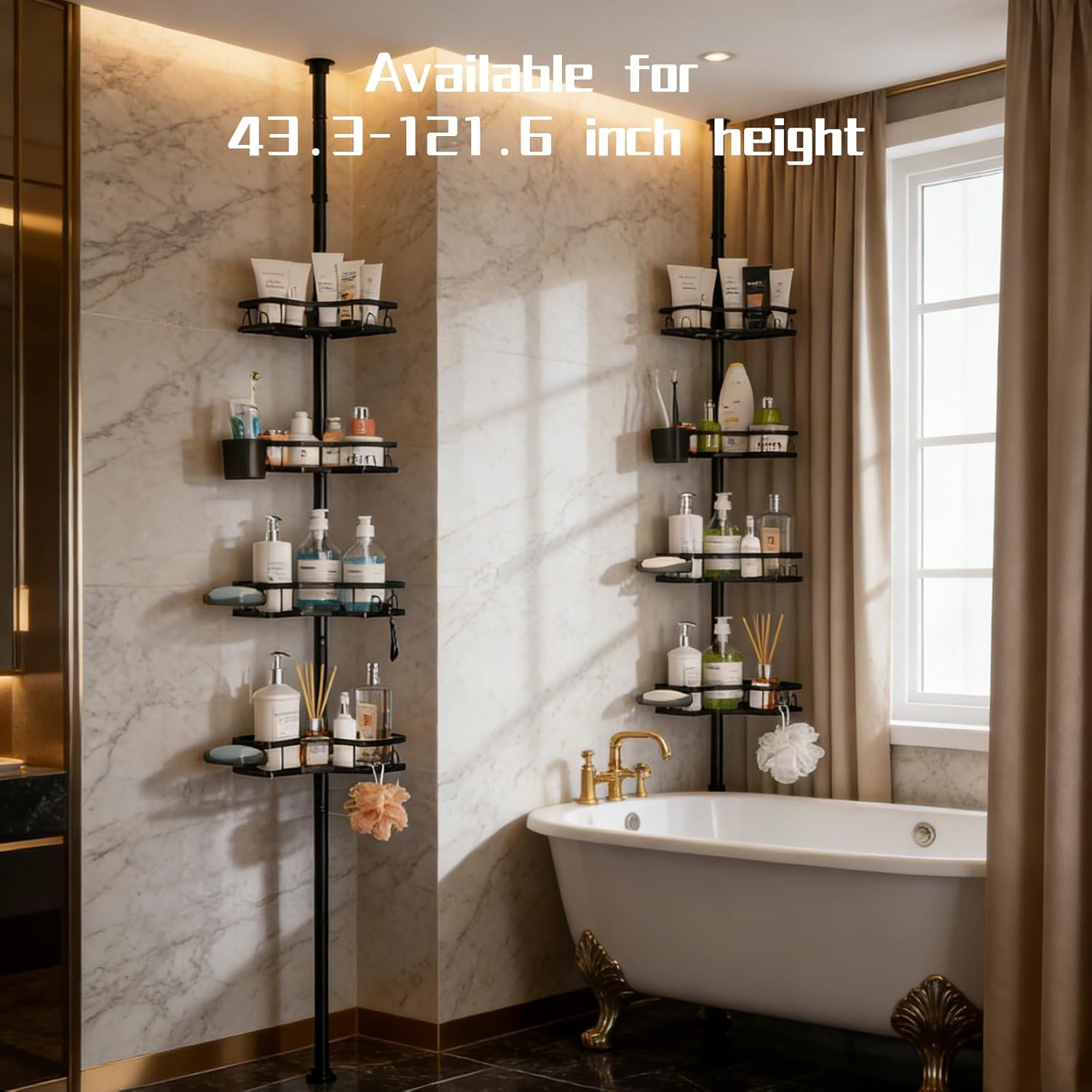 Corner Shower Caddy Tension Pole,4-Tier Rustproof Bathroom Organizer Shelves,Adjustable Floor Standing Bath Rack Holder,Waterproof Bathroom Storage Accessories for Bathtub,Black