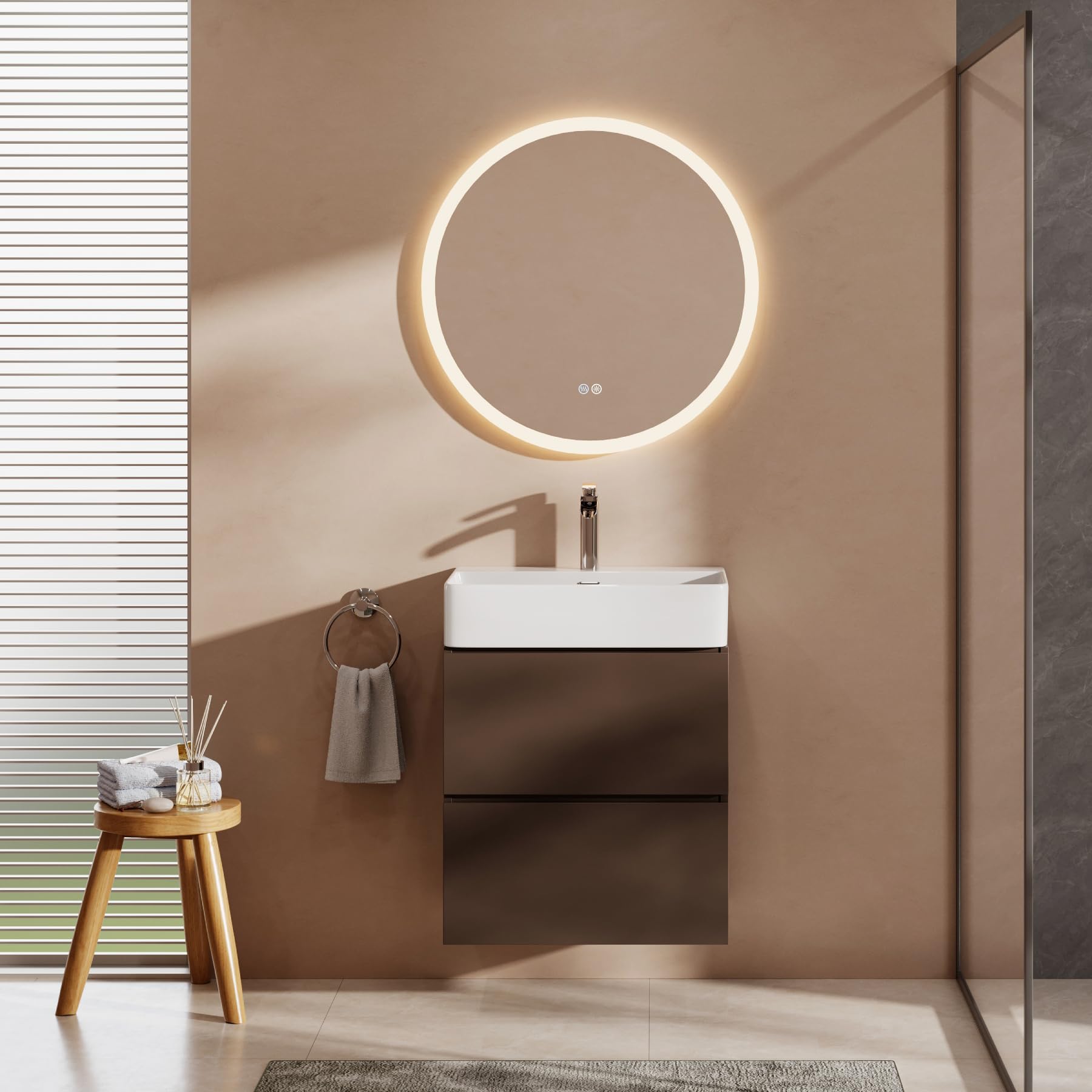 Lavabo de baño de 60 cm de ancho, lavabo superior con orificio para grifo y rebosadero, cuadrado, montado en la pared o en la pared, sin grifo