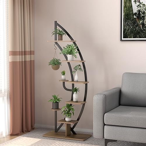 Miniatura 5 de Giantex Soporte de metal de 6 niveles para plantas de interior, estante de media luna de 61 pulgadas con colgador y dispositivo anticaído, soporte