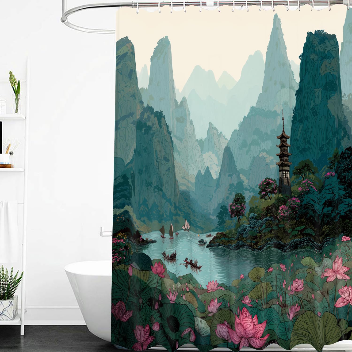 Cydxd Pink Oriental Landscape Shower Curtain, Lotus Flowers Blooming On The Lake And Mountains Bathtub Curtain With Plastic Hooks,Waterproof Polyester Fabric For Wet Room W 35.4" X L 70.9" (1 Panels)