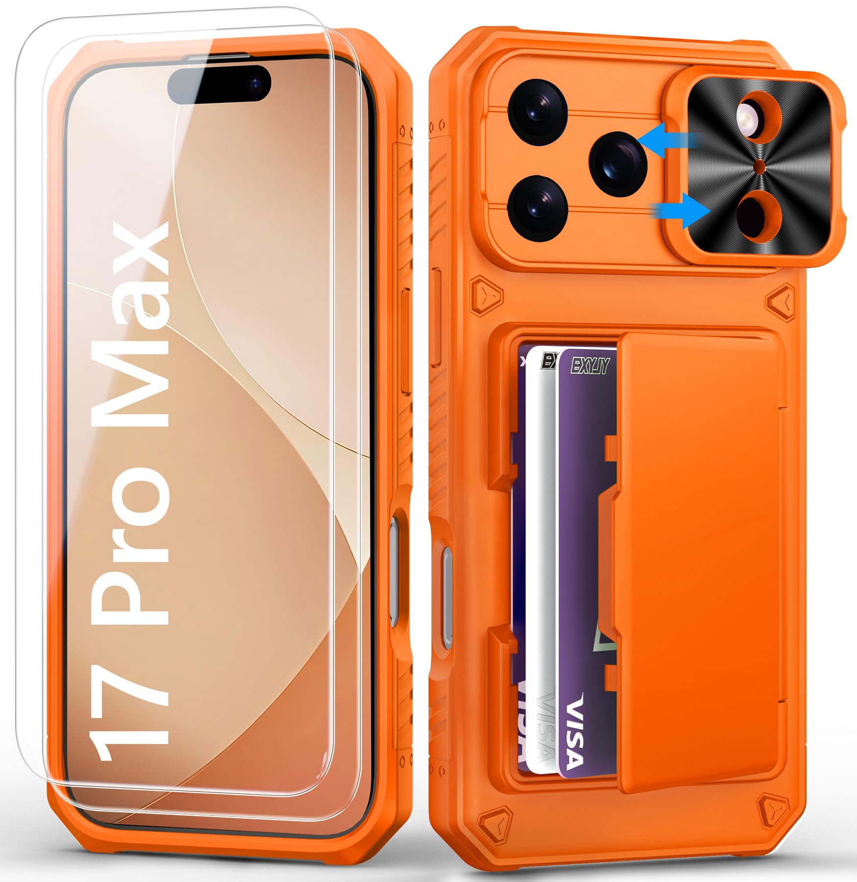 Photo 1 of BXYJY for iPhone 17 Pro Max Case Wallet with Screen Protector (Tempered Glass), Card Holder (4-5 Cards), Military Grade Drop, Slide Camera Cover, Heavy Duty Women Men Case for iPhone 17 Promax, Orange