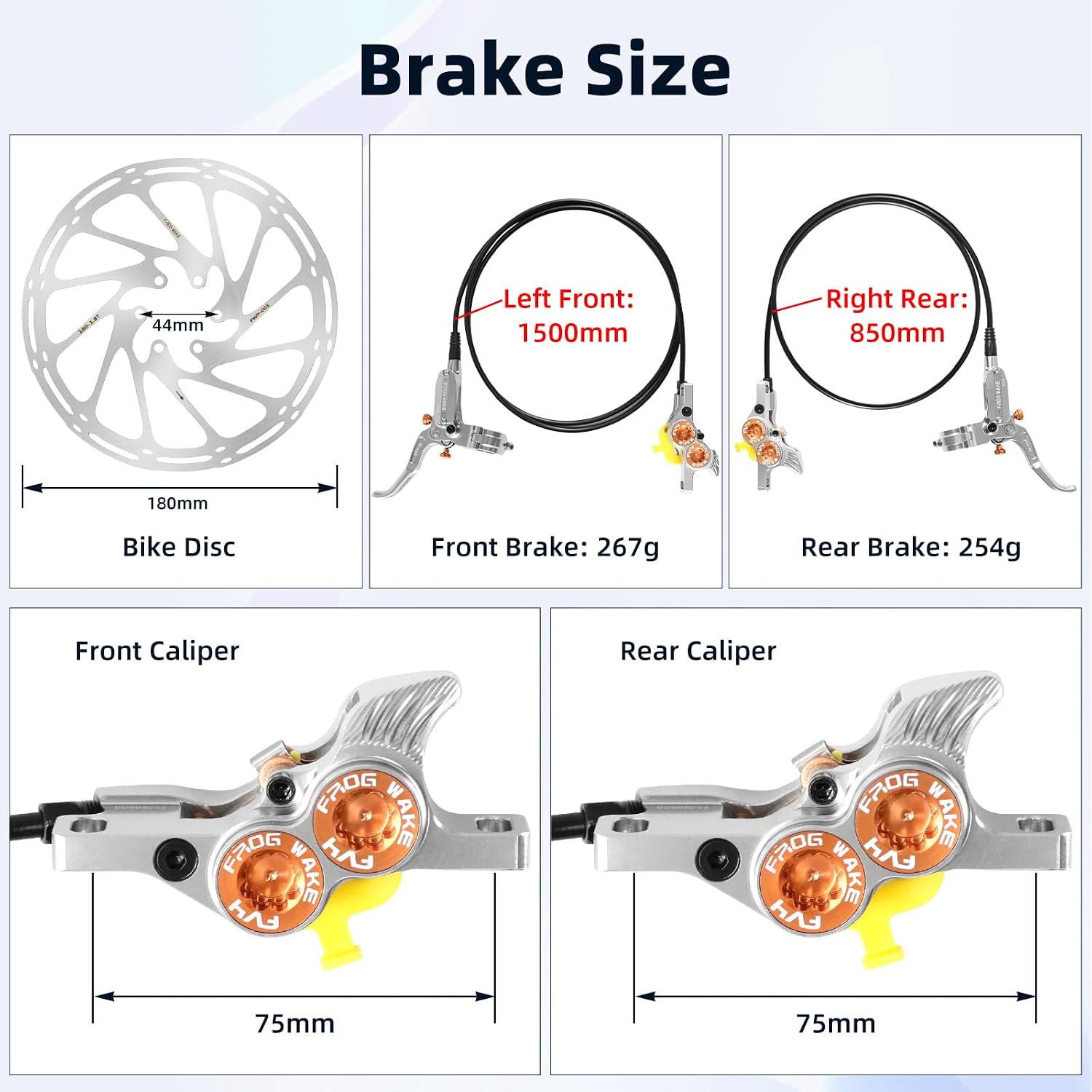 4 E4 Bike Disc Brake Kit MTB Brakes Set with 180mm Rotors,Left Rear 1550mm & Right Front 850mm Aluminum Alloy Lever Adapter for Ebike/Folding Bike/Scooter/Fat Bike (Horizontal Cylinder Version Silver)