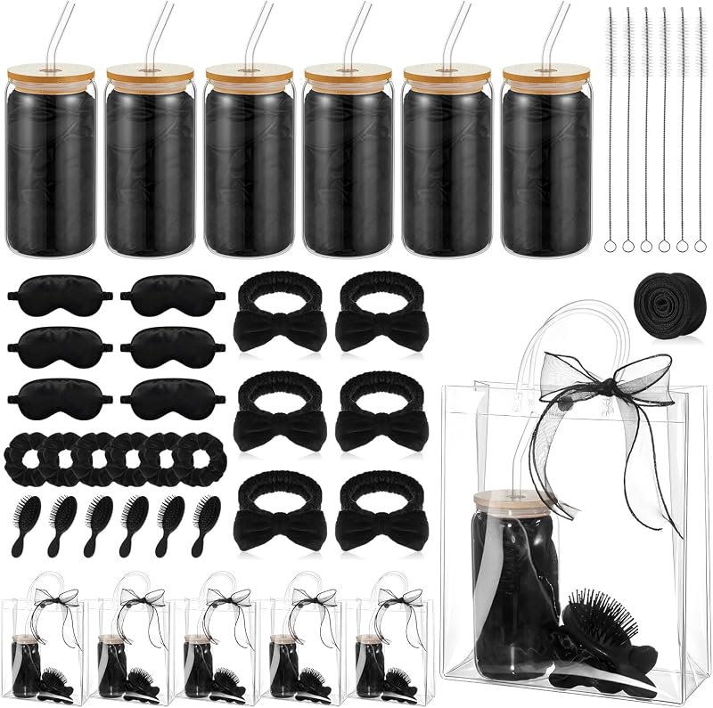 37 Pcs Party Supplies for Girls, 6 Kit Girls Birthday Gifts Including Glass Cups, Hairbands, Sleep Eye Mask, Headband, Brush, Tote Bags with Ribbon for Women Black Spa Sleepover Party Favor