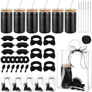 37 Pcs Party Supplies for Girls, 6 Kit Girls Birthday Gifts Including Glass Cups, Hairbands, Sleep Eye Mask, Headband, Brush, Tote Bags with Ribbon for Women Black Spa Sleepover Party Favor