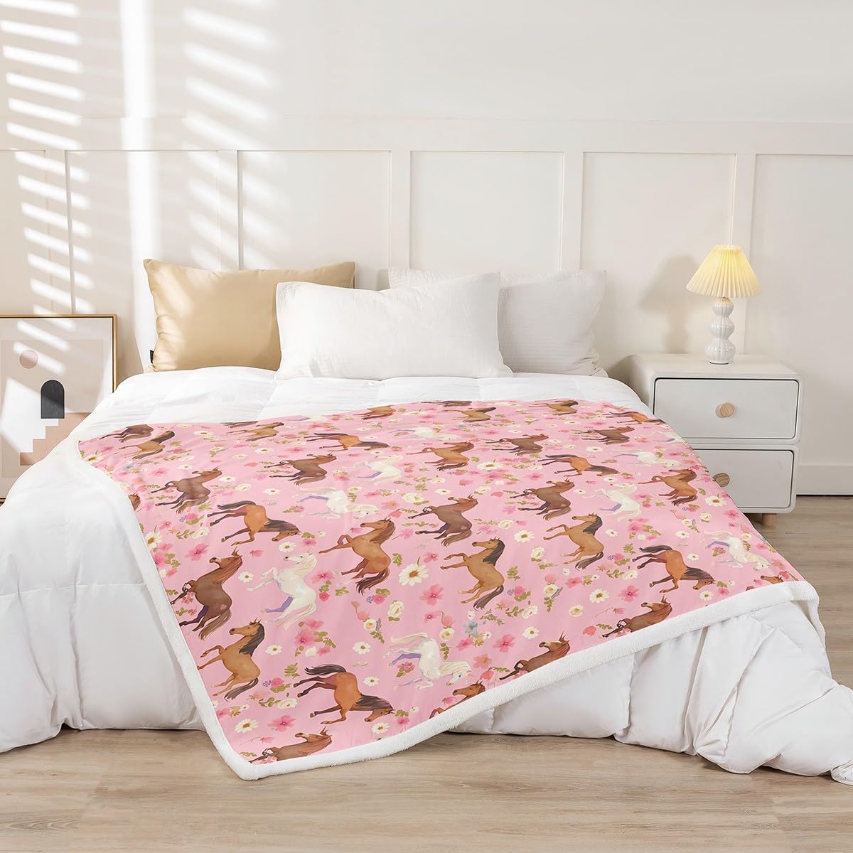 Erosebridal Pink Horse Blanket Twin 60x80,Galloping Horse Throw Blanket for Kids Teens Adults,Groovy Flower Floral Fleece Blanket,Western Rustic Farmhouse Animal Plush Blanket for Home Room Decor