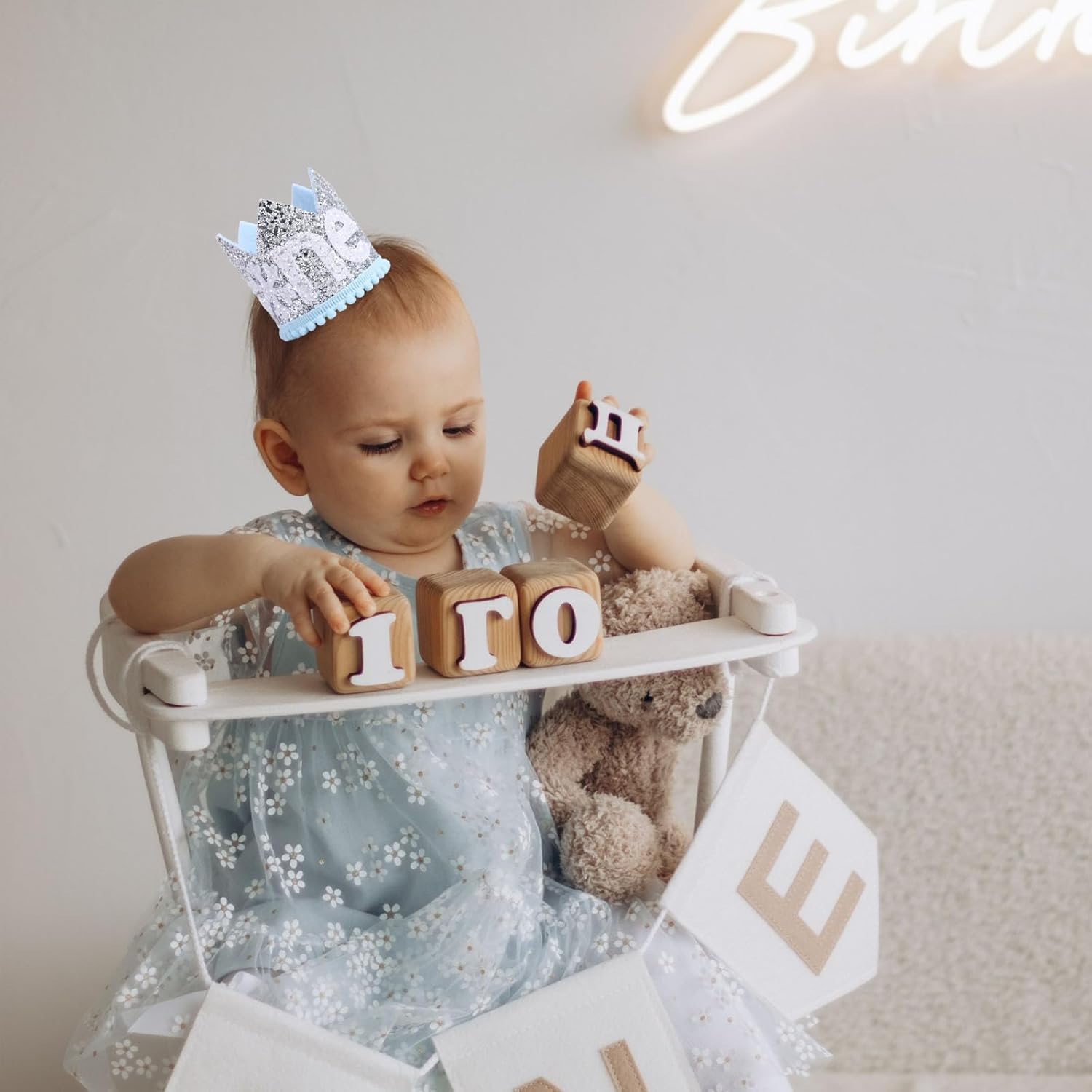 Blue 1st Birthday Crown, First Glitter Crown Hat for Baby's 1st Birthday Party Photo Booth Props Girl or Boy Baby Shower Decor