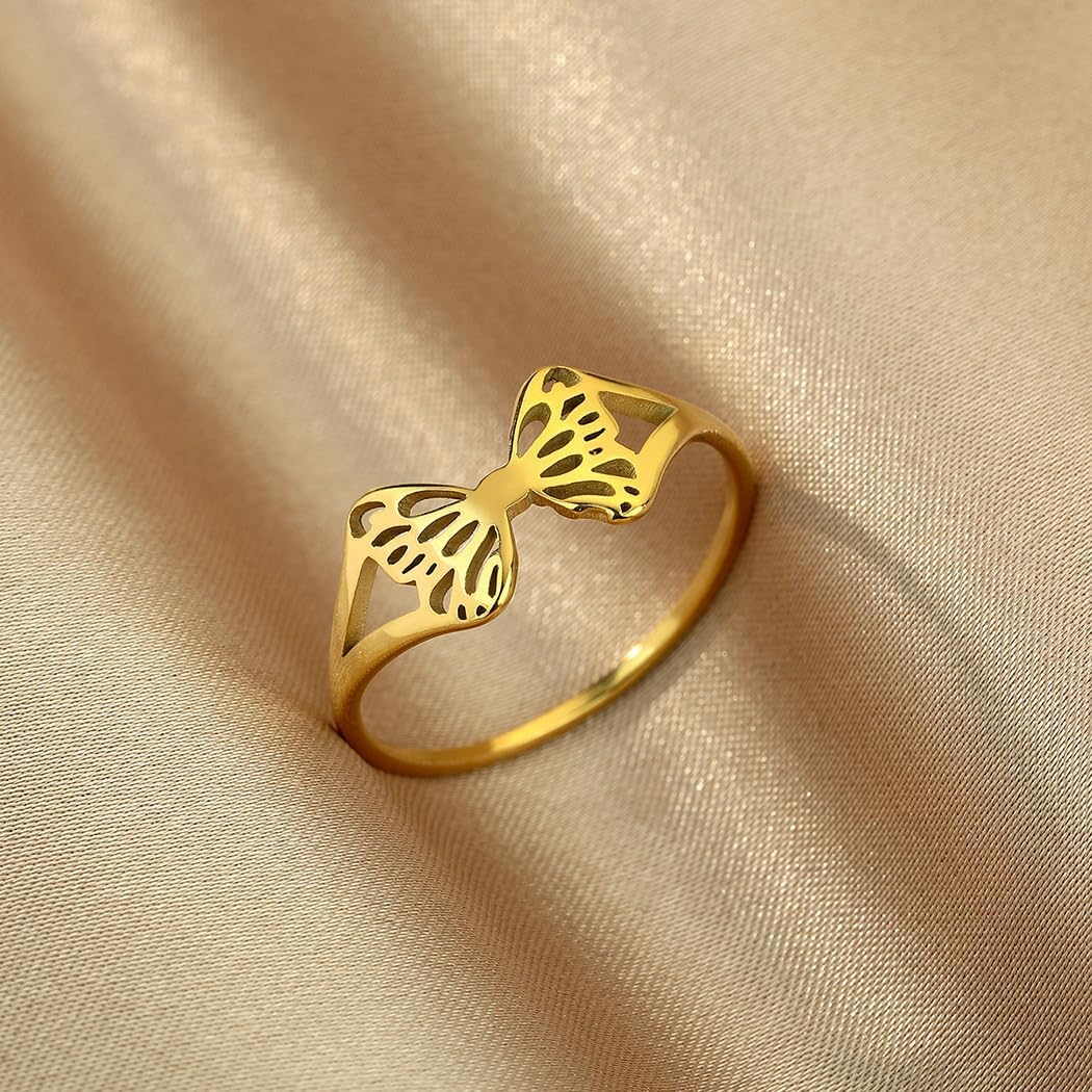Rrdaily 14k Gold Hollow Butterfly Rings, Trendy Stainless Steel Cut Pattern Statement Rings, Dainty Retro None Tarnish Jewelry Gifts for Women Teen Girls - Image 4