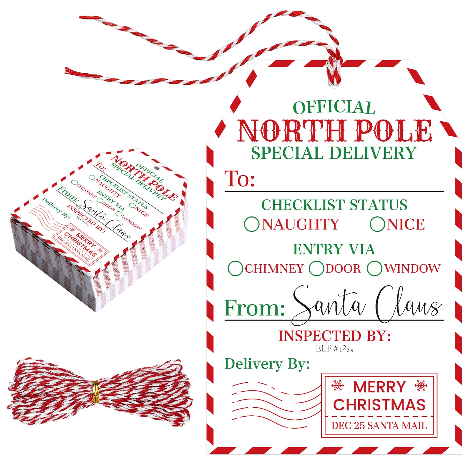 50 Pcs from Santa Gift Tags, Christmas Gift Tags with String for Kids, Personalized Santa Wrapping Paper Label from North Pole, Holiday Christmas Wrapping Tag for Presents Gifts Wrap