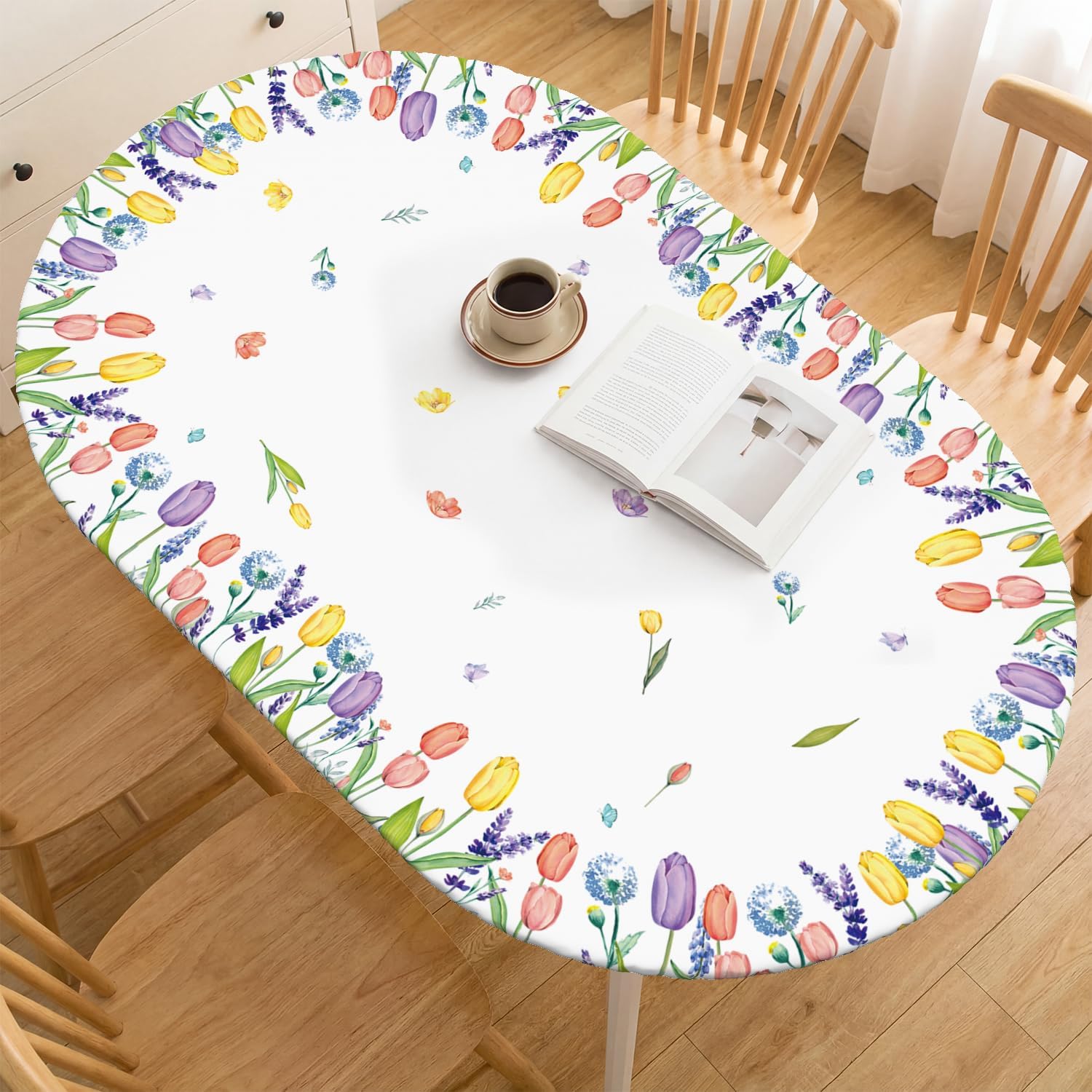 Horaldaily Spring Fitted Tablecloth for 64x44 Inch Oval, Tulip Floral White