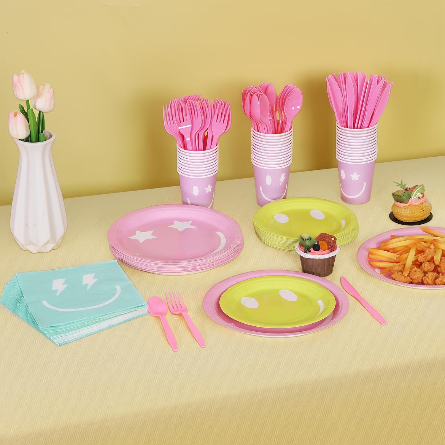 durony 254 Pieces Preppy Smile Face Party Decorations Pastel Smiley Paper Plates Napkins Cups Forks Knives Spoons Tablecloths for Preppy Pastel Birthday Party Decorations, Serve 36 Guest