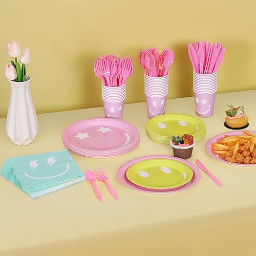 Miniatura 4 de durony 254 piezas de decoración de fiesta de cara sonriente pastel pastel sonriente platos de papel servilletas, tazas, tenedores, cuchillos,