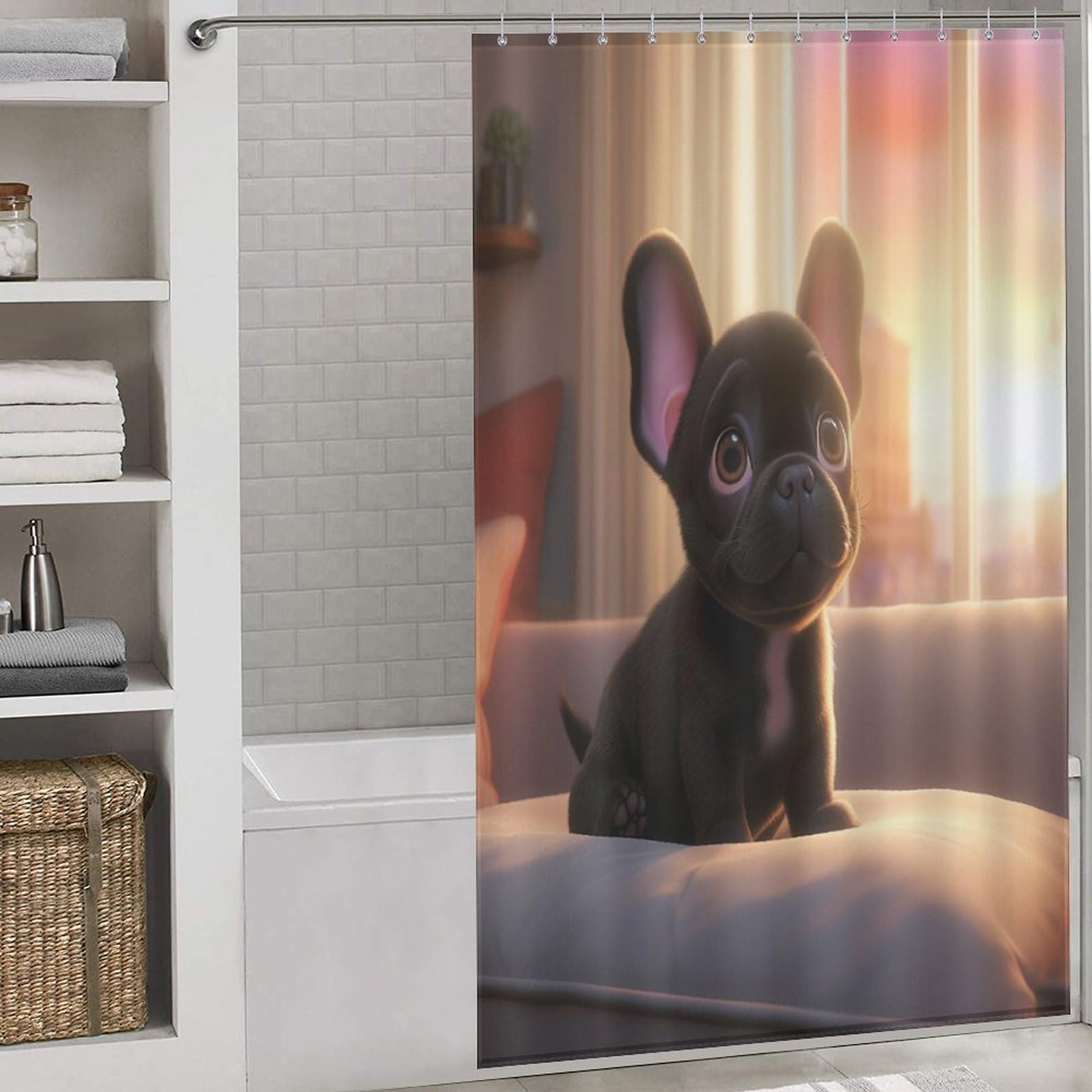 Rideau de douche Bouledogue Français 140x183cm imperméable lavable avec 12 crochets