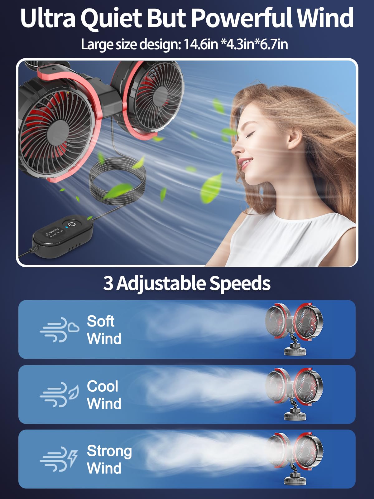 Wentylator samochodowy na tylne siedzenie dla dzieci,obrotowy o 360°,podwójna głowica,zasilany przez USB,wentylator samochodowy,3 prędkości,niski poziom hałasu,do pojazdów SUV,kamperów,5V/2A