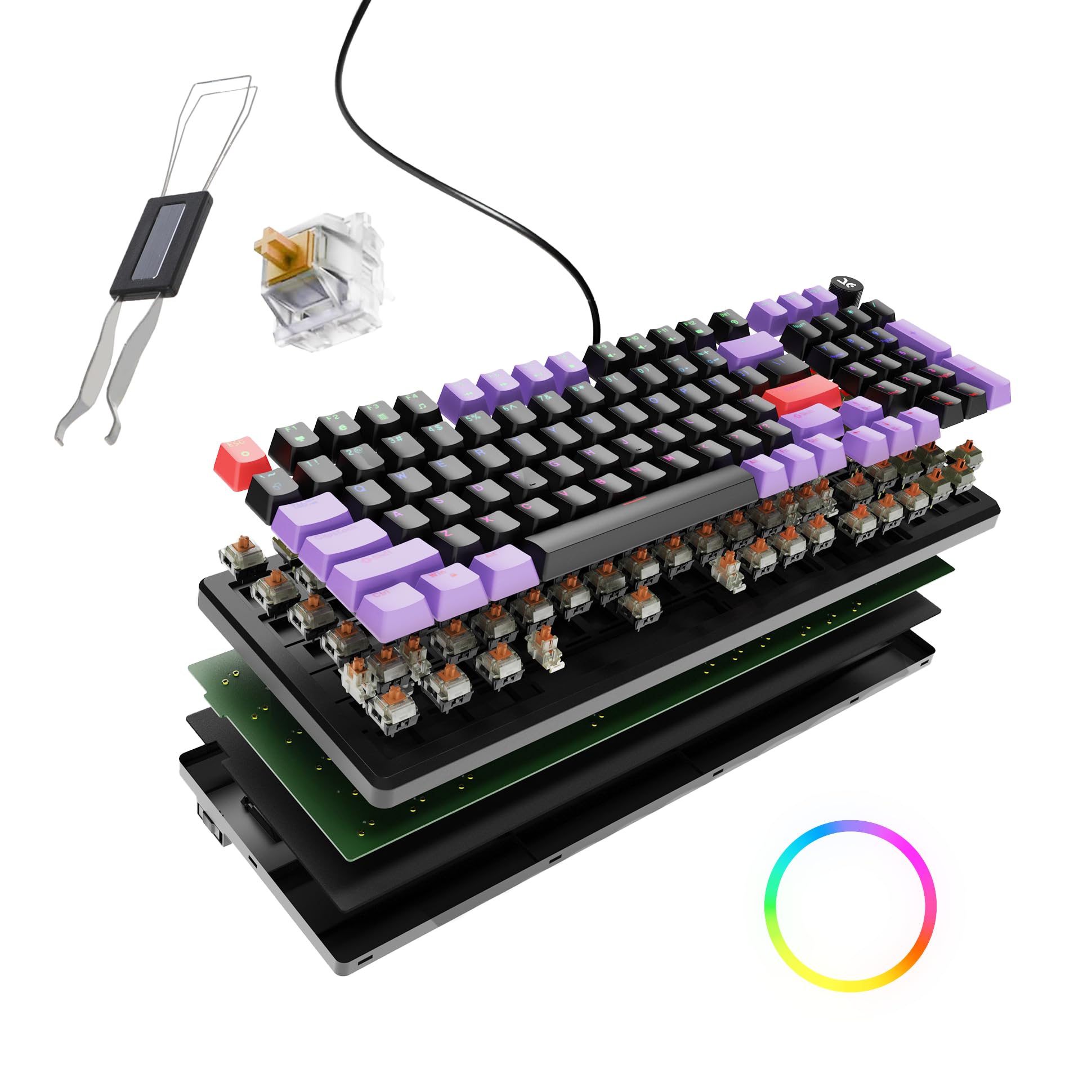 KreoHive 98 Wired RGB Mechanical Gaming Keyboard | Full Size 98 Keys, Metal Volume Knob, Per-Key RGB, Hot-Swappable Switches (Black-Purple, Brown)