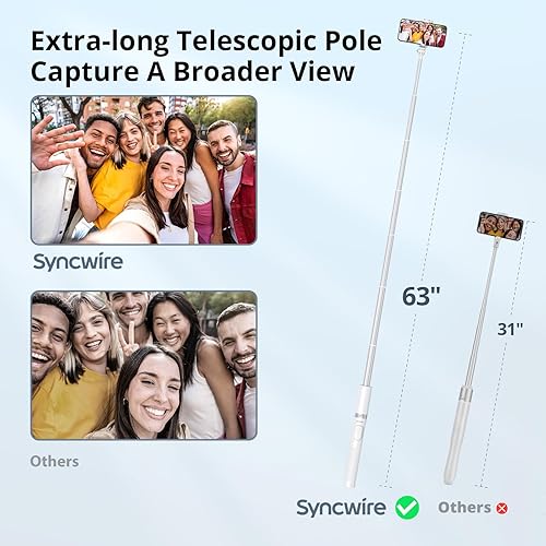 Vista 38 de SYNCWIRE Trípode de teléfono Selfie Stick de 55 pulgadas para iPhone, palo selfie de aluminio extensible todo en uno con control remoto, trípode