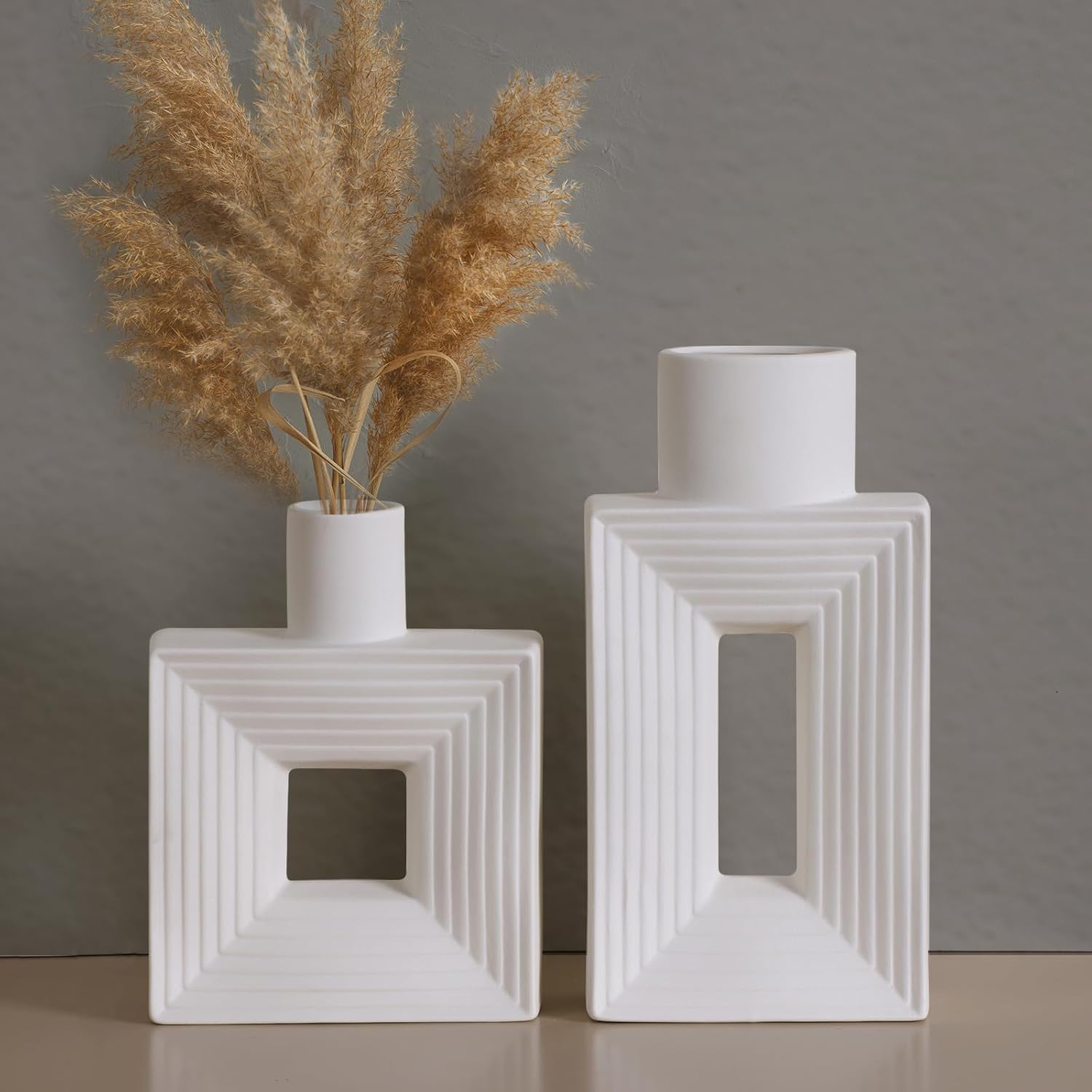 CEWOR White Ceramic Vase Set of 2, Square Boho Vase for Rustic Home Decor, Minimalist Nordic Style for Living Room Mantel Entryway Shelf Centerpiece Table Decor CEWOR White Ceramic Vase Set of 2, Square Boho Vase for Rustic Home Decor, Minimalist Nordic Style for Living Room Mantel Entryway Shelf Centerpiece Table Decor