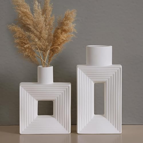CEWOR White Ceramic Vase Set of 2, Square Boho Vase for Rustic Home Decor, Minimalist Nordic Style for Living Room Mantel Entryway Shelf Centerpiece Table Decor